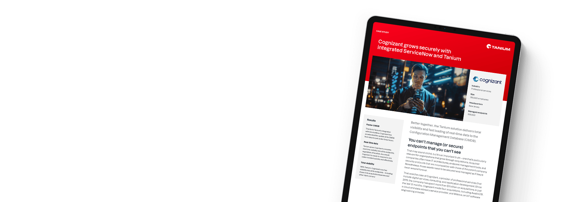 Tablette montrant l’étude de cas « Cognizant se développe en toute sécurité grâce à ServiceNow et Tanium intégrés » avec des images technologiques