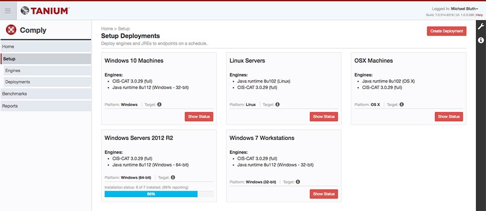 Tableau de bord Tanium Comply affichant les calendriers de déploiement sur différents systèmes d’exploitation