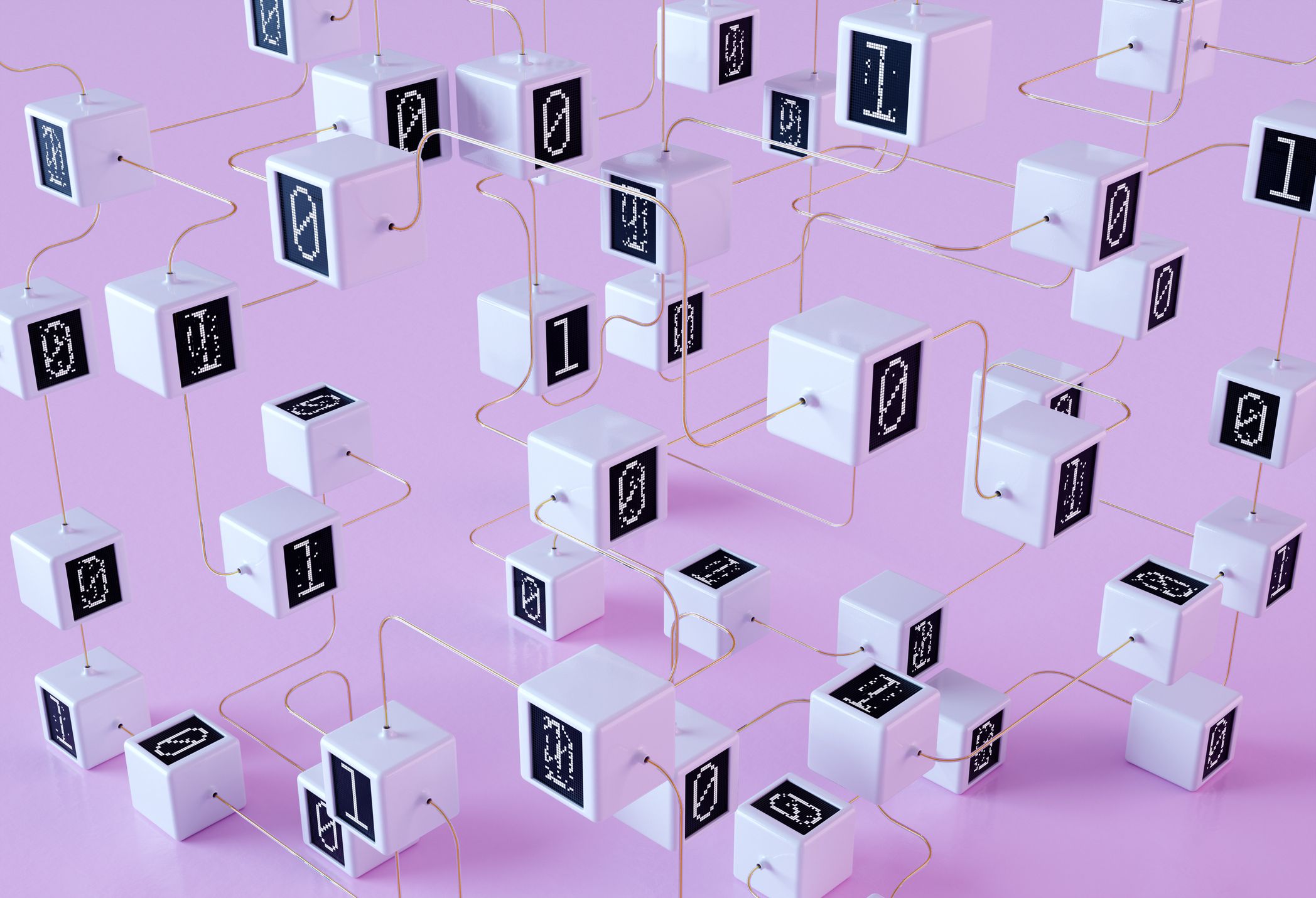 Dans un vide lavande froid, des fils transparents relient des cubes blancs étiquetés d'un zéro ou d'un un, orientés dans différentes directions.