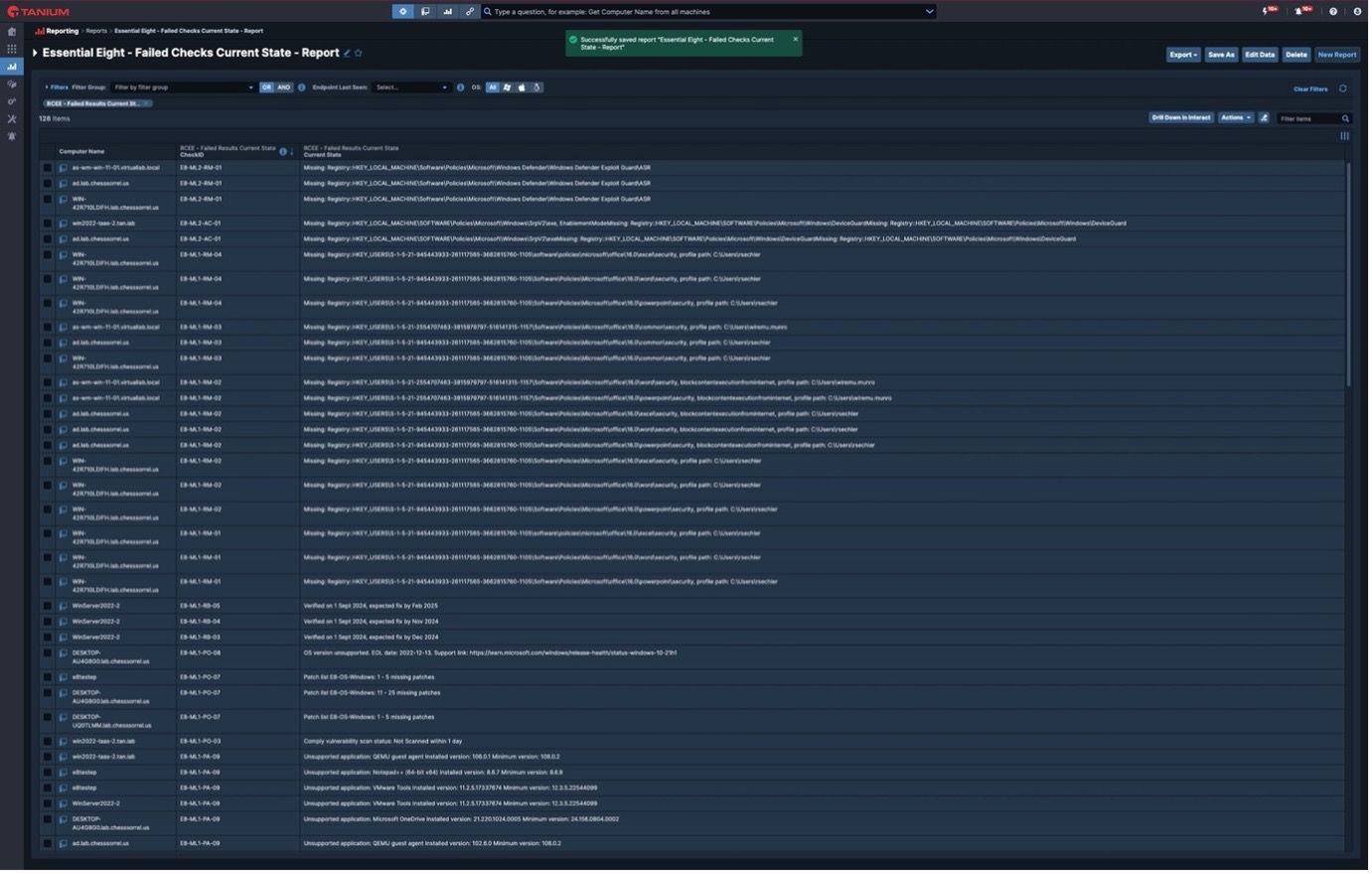 Capture d’écran du rapport Essential Eight dans la console Tanium