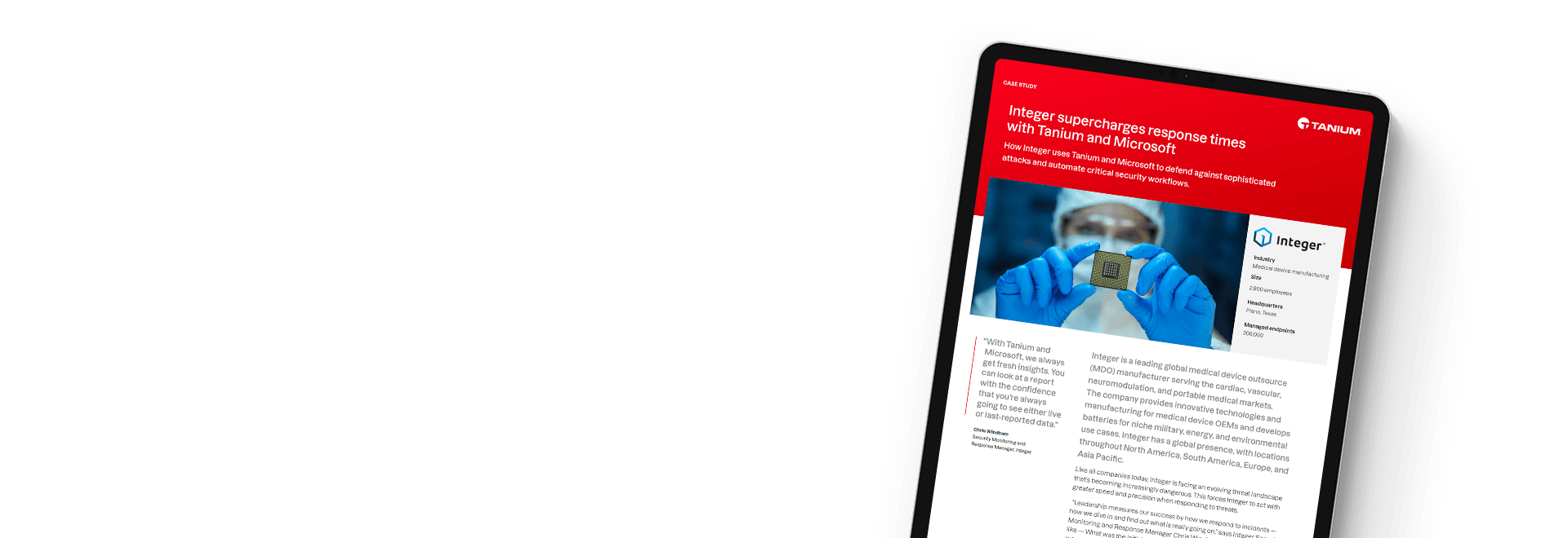 Tablette affichant l’étude de cas « Un nombre entier augmente les temps de réponse avec Tanium et Microsoft »