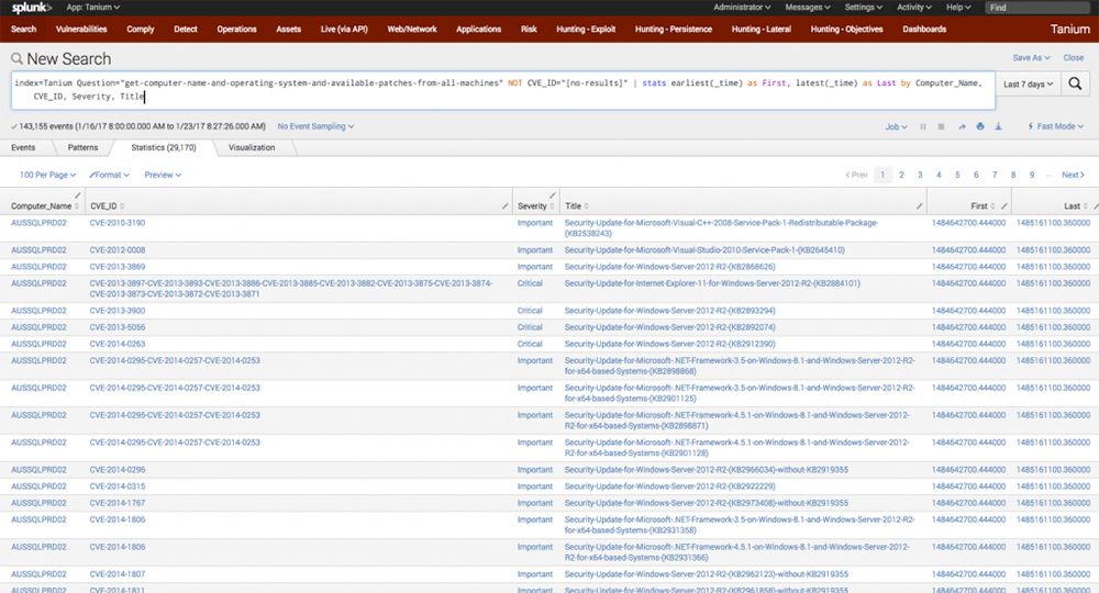 Tableau des résultats de recherche Splunk montrant les mises à jour de sécurité Windows et les informations du catalogue