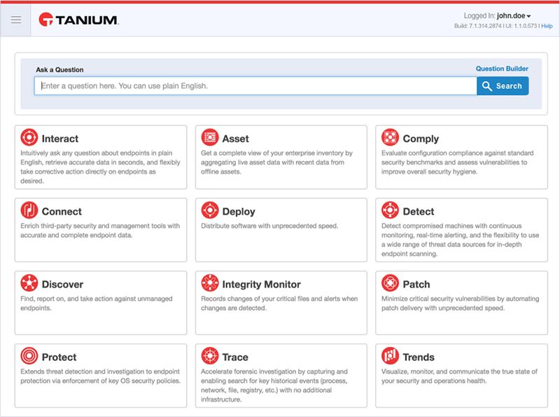 Capture d’écran de la page d’accueil de la plateforme Tanium montrant les éléments d’action, notamment Interact, Asset, Comply, Connect, Deploy, Detect, Discover, Integrity Monitor, Patch, P...