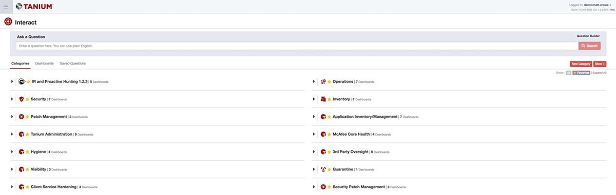 Capture d’écran de Tanium Interact montrant les catégories de ressources