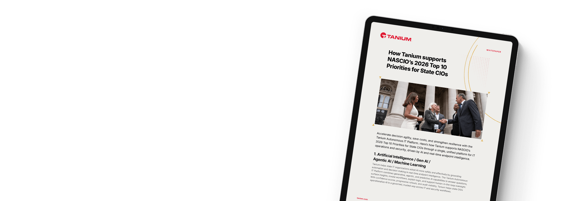 Tablette affichant la ressource « Tanium aide les responsables informatiques de l’État à répondre aux priorités NASCIO »