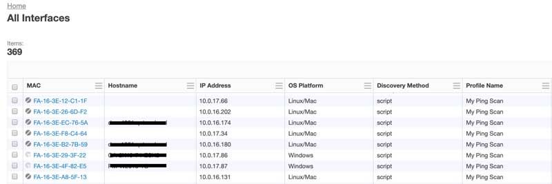 Capture d'écran de la page « Toutes les interfaces » de Tanium, répertoriant 369 interfaces réseau avec leur adresse MAC, leur nom d'hôte, leur adresse IP et des informations sur leur système d'exploitation