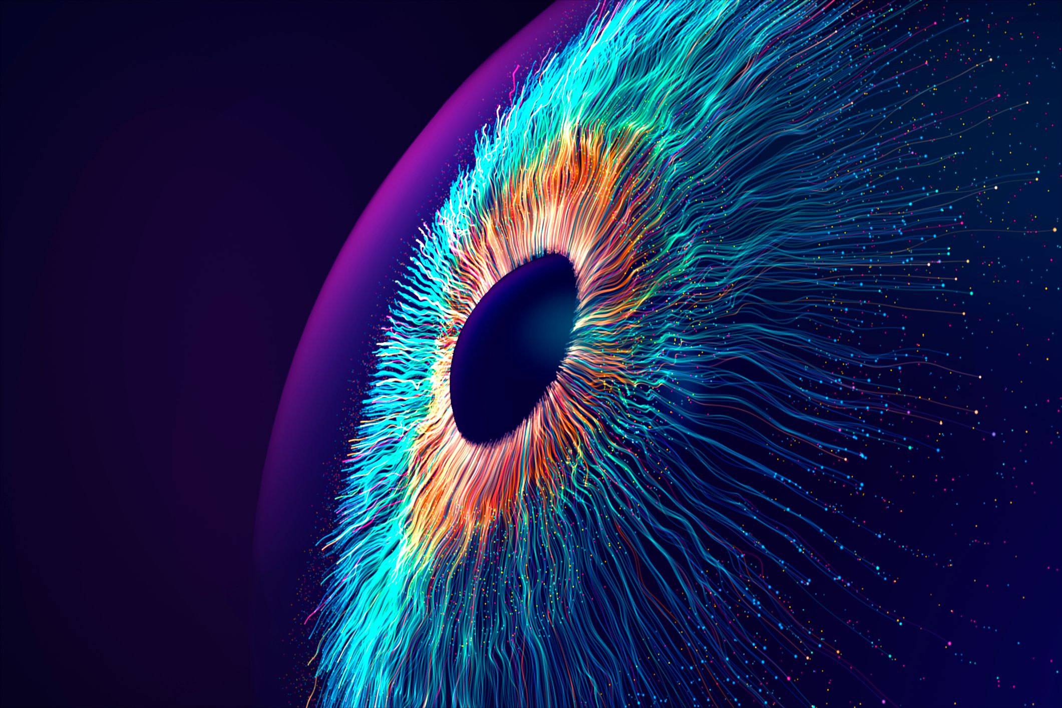 Un éclat de traînées semblables à des fibres optiques forme l'image d'un globe oculaire flottant dans l'espace.