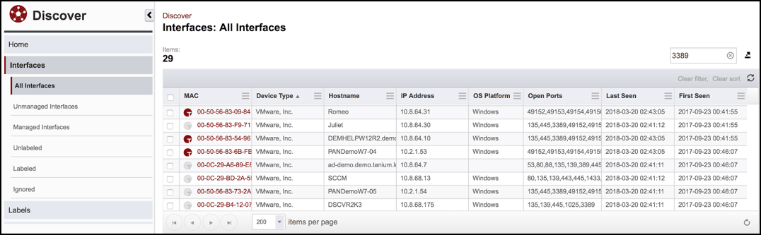 Capture d’écran de l’interface Tanium Discover montrant les interfaces réseau avec les adresses MAC et les détails de la plateforme