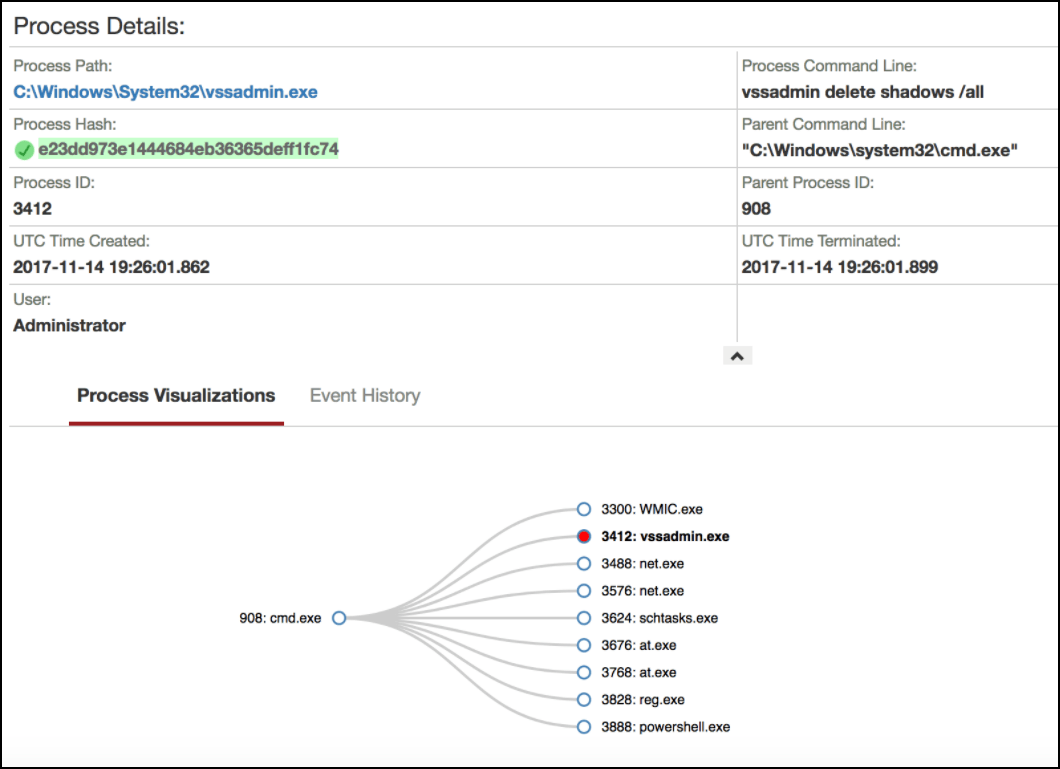 Capture d’écran de la visualisation de l’arbre de processus montrant les processus parent et enfant générés par le logiciel malveillant SamSam
