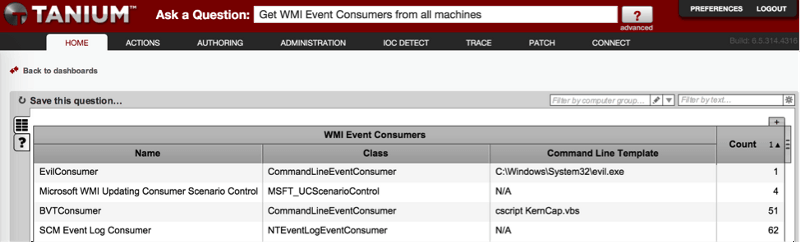 Capture d’écran de la console Tanium interrogeant les consommateurs d’événements WMI à partir des machines