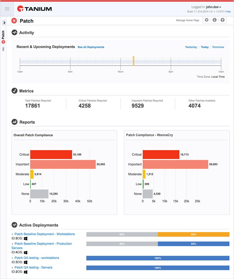 Capture d’écran de la page Tanium Patch Activity montrant la chronologie des déploiements récents, les mesures pour les correctifs requis et les rapports de déploiement