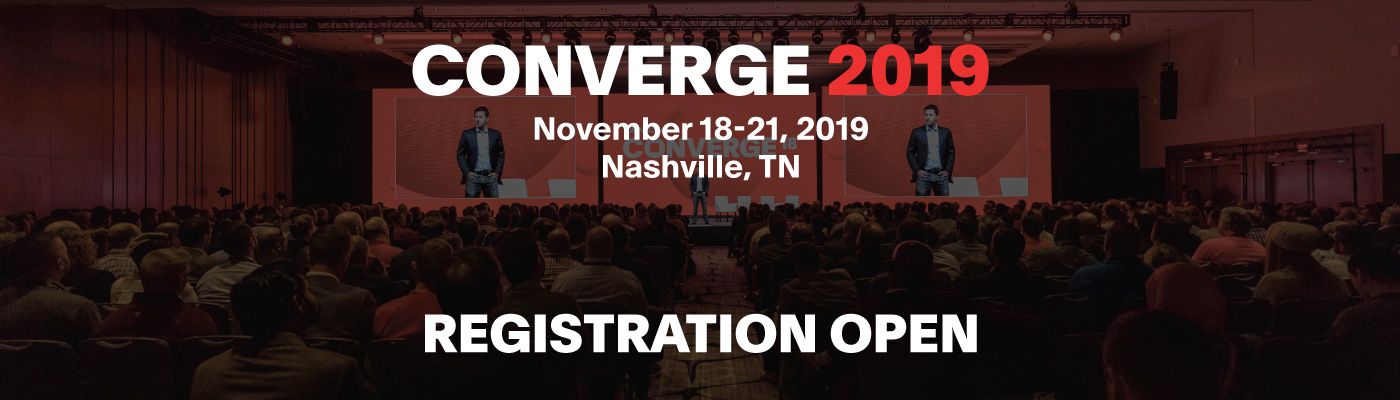 Bannière promotionnelle CONVERGE 2019 indiquant les dates de conférence à Nashville