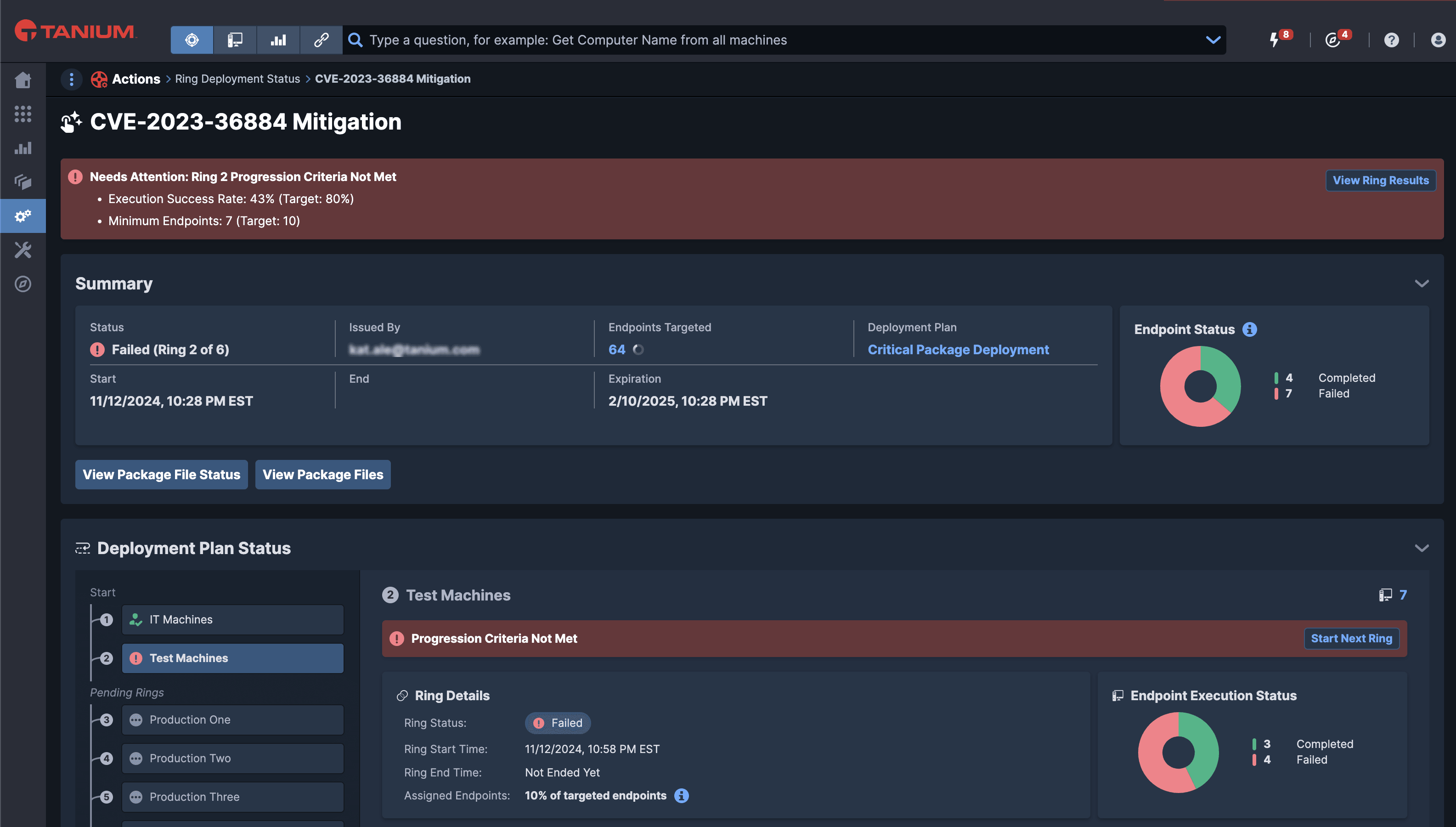 Capture d’écran d’un écran Tanium Ring Deployment Status montrant un processus qui nécessite une attention particulière