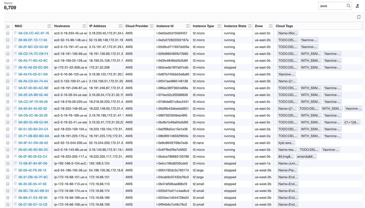Capture d’écran de Tanium Discover montrant le tableau de 6 709 endpoints détectés avec des adresses MAC, des noms d’hôte, des fournisseurs de cloud et des détails d’instance