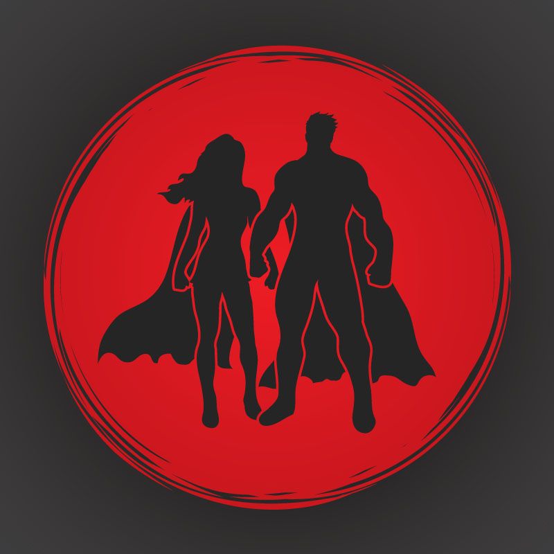 Illustration de silhouettes de super-héros sur fond circulaire rouge
