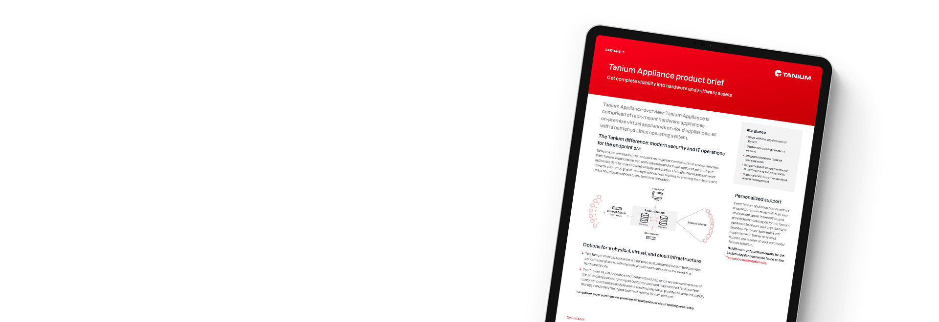 Tablette montrant le résumé du produit de l’infrastructure Tanium avec une vue d’ensemble de l’architecture