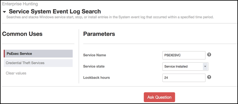 Capture d’écran de l’interface de recherche du journal des événements du système de service avec les paramètres de service PsExec