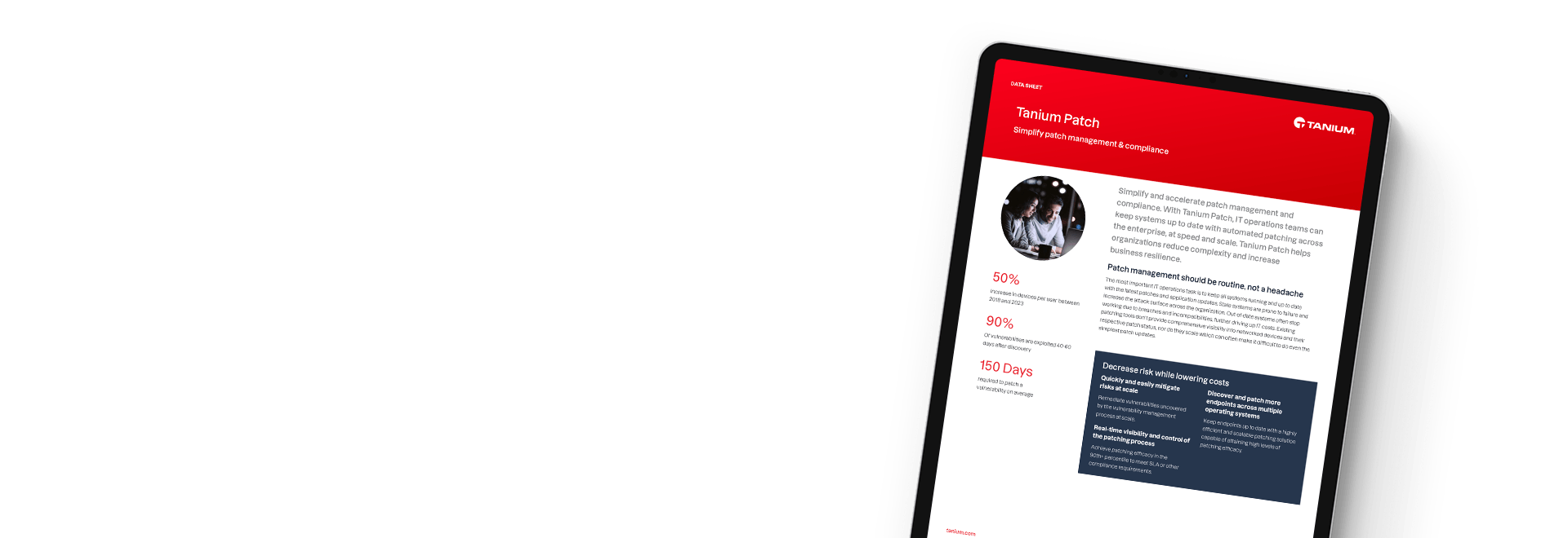 Tablette affichant la fiche technique Tanium Patch avec les statistiques de gestion des correctifs