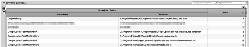 Capture d’écran de la console Tanium affichant la liste des tâches planifiées Windows