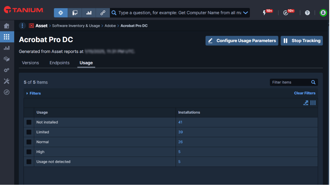 Capture d’écran de Tanium Software Inventory montrant les paramètres et versions d’utilisation d’Acrobat Pro DC