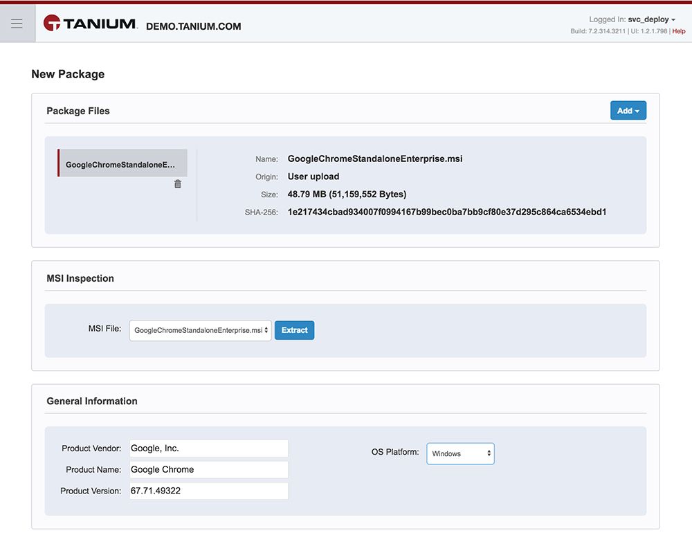 Interface de création de package Tanium Deploy affichant le téléchargement de fichier MSI Google Chrome et les détails du package