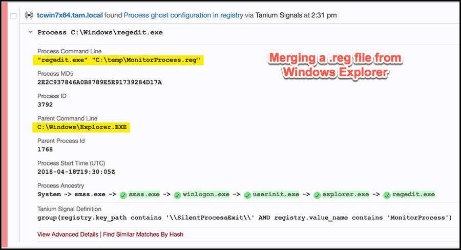 Signaux Tanium montrant la fusion du fichier de registre à partir de l’Explorateur Windows
