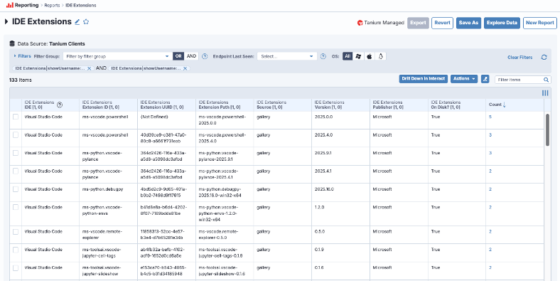 Capture d’écran du produit du rapport Tanium Guardian IDE Extensions