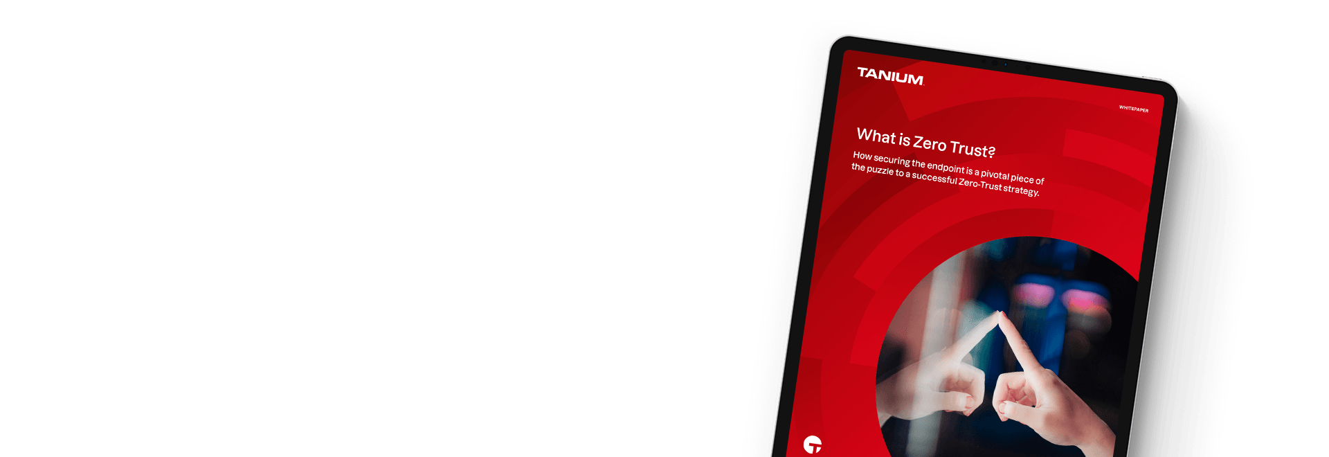 Maquette de tablette de « Qu’est-ce que Zero Trust ? » livre blanc avec des images de sécurité abstraites