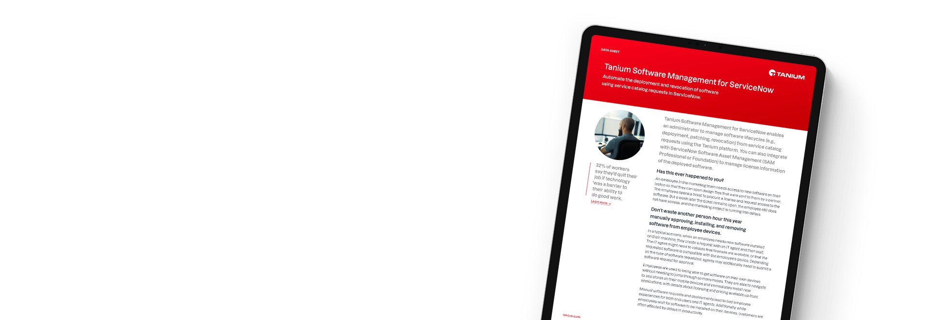 Tablet displaying Tanium Software Management for ServiceNow datasheet with portrait