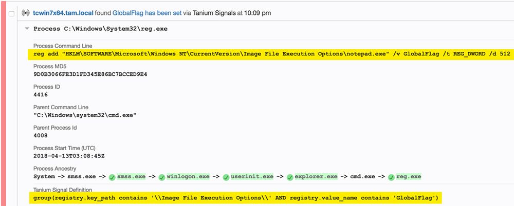 Tanium Trace montrant la technique de fusion des ruches de registre pour la persistance