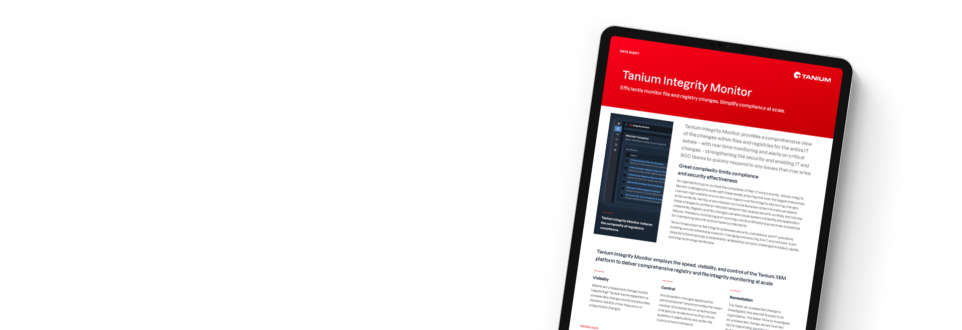 Tablette affichant la fiche technique de Tanium Integrity Monitor avec des fonctionnalités de surveillance de la conformité
