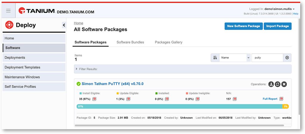 Capture d’écran de la vue Déployer tous les packages logiciels Tanium montrant le package logiciel Simon Tatham PuTTY avec le statut de déploiement
