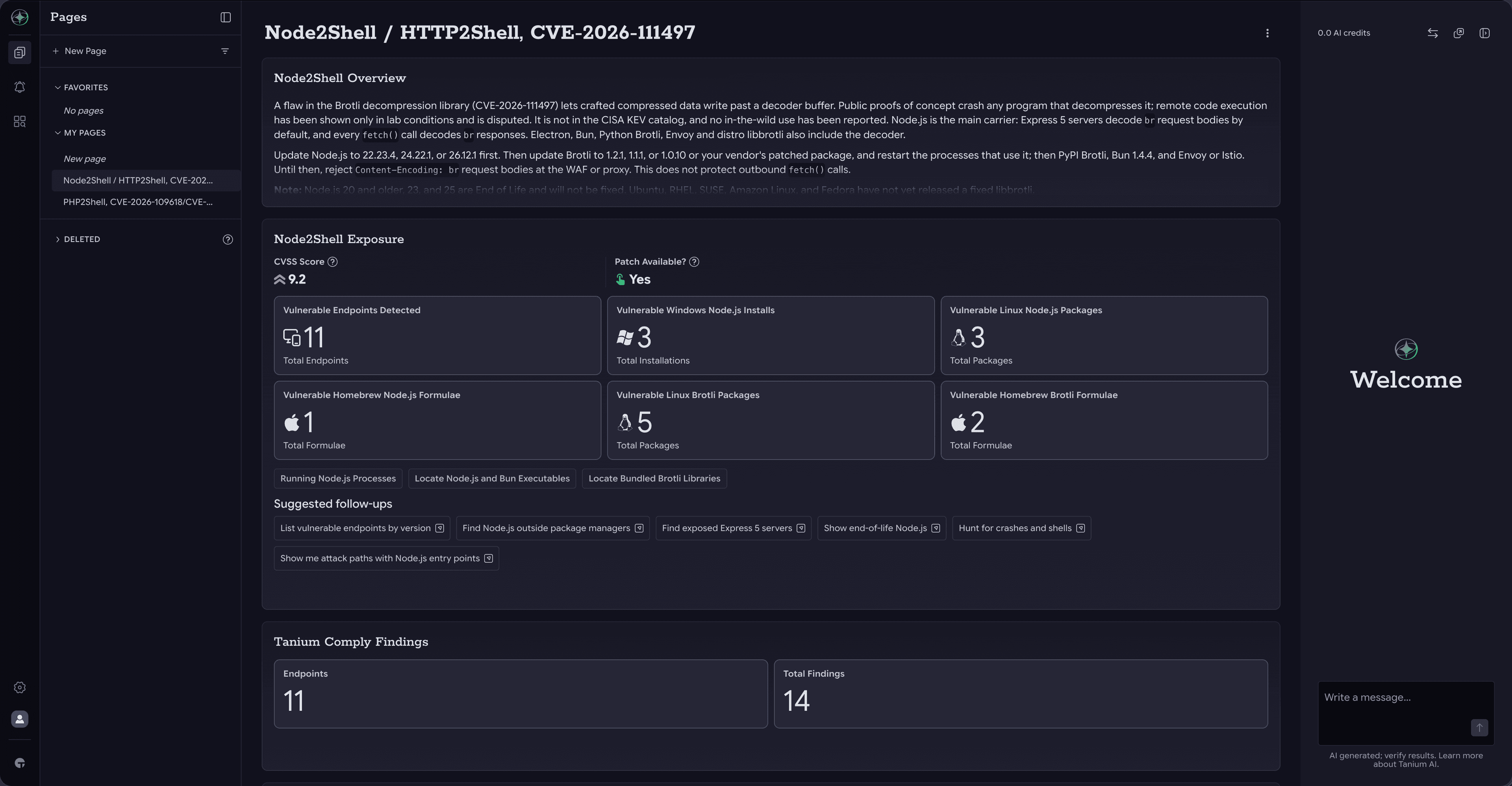 Page Tanium Atlas pour les versions Node2Shell / HTTP2Shell (CVE-2026-111497) indiquant un score CVSS de 9,2, la disponibilité des correctifs, ainsi que le nombre de terminaux vulnérables, d'installations de Node.js et de paquets Brotli