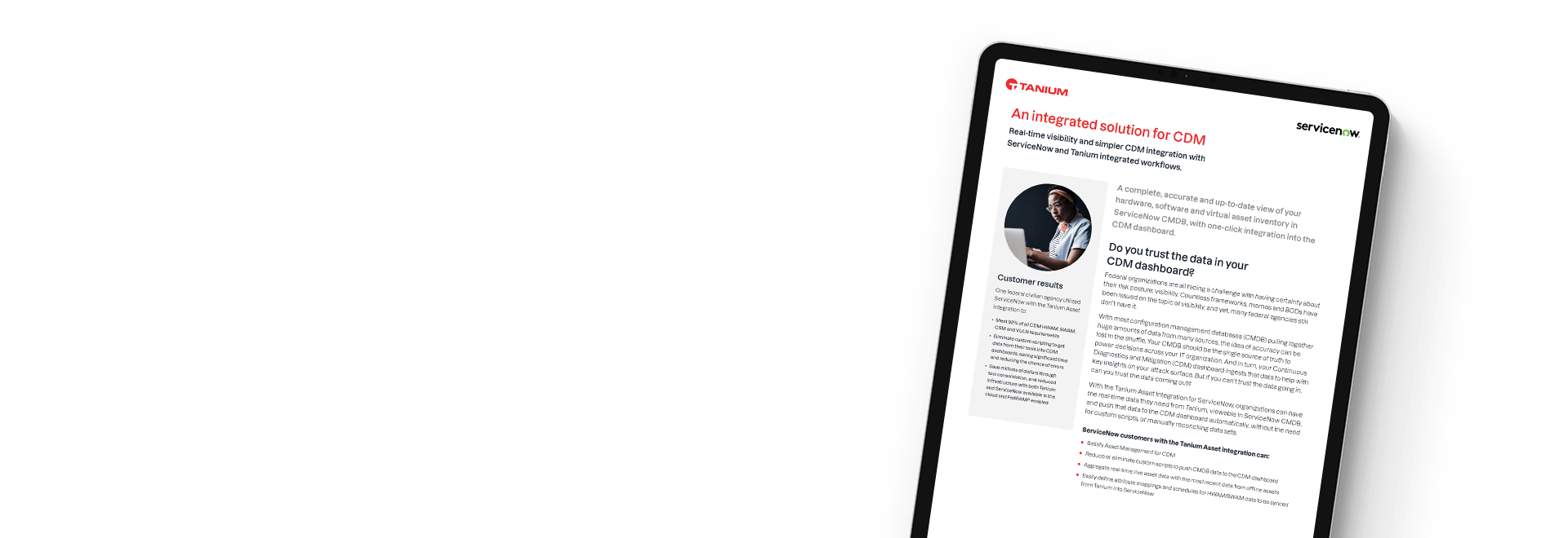 Tablette montrant Tanium + ServiceNow pour le brief de solution CDM avec portrait