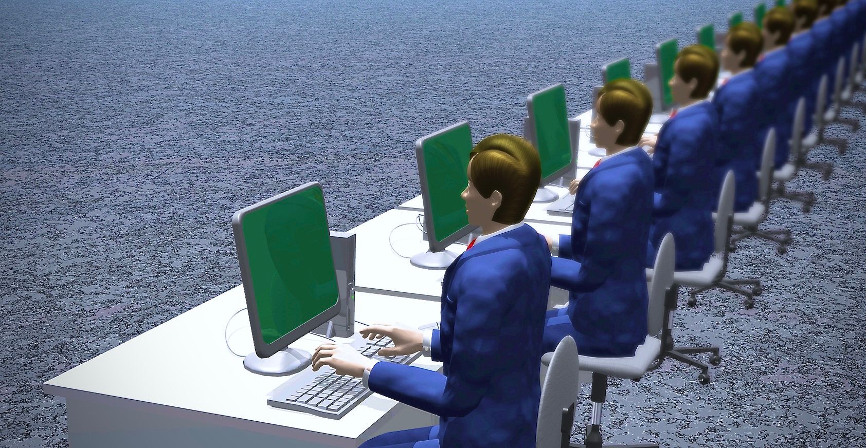 Une image de synthèse représentant de faux hommes d'affaires travaillant devant une rangée d'ordinateurs de bureau.