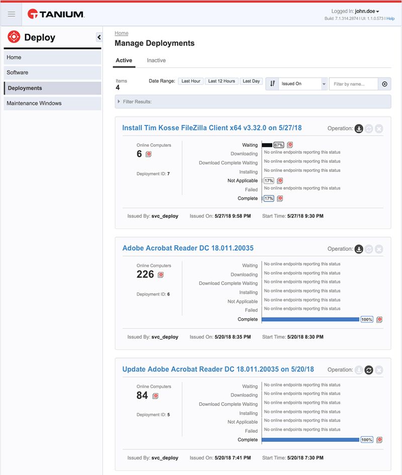 Capture d’écran de la page Tanium Manage Deployments répertoriant les déploiements actifs pour Tim Kostic FileZilla Client, Adobe Acrobat Reader et d’autres logiciels