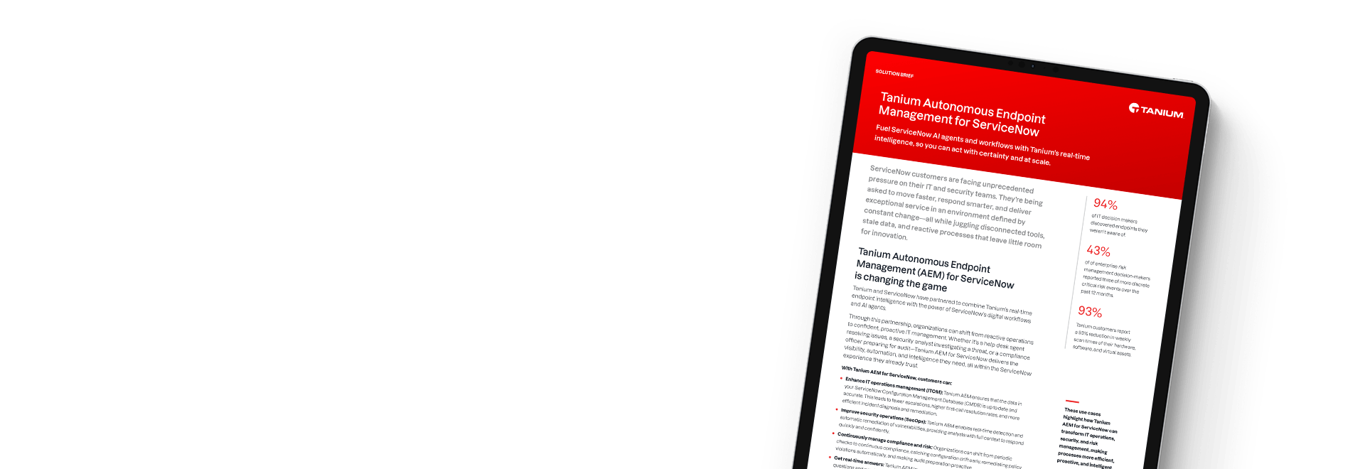 Tablette affichant le résumé de solution « Tanium + ServiceNow : Better Together »