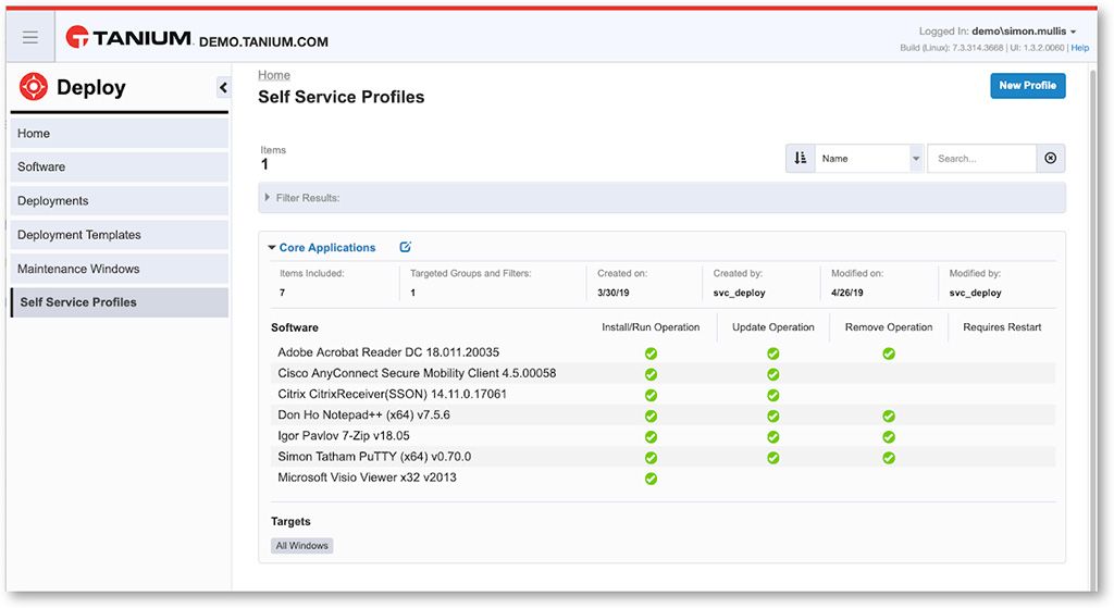 Capture d’écran des profils de libre-service Tanium Deploy montrant les applications principales et les opérations de déploiement pour la distribution de logiciels