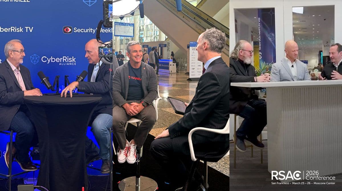 Triptyque d'images montrant des dirigeants de Tanium accordant des interviews aux médias lors du RSAC 2026