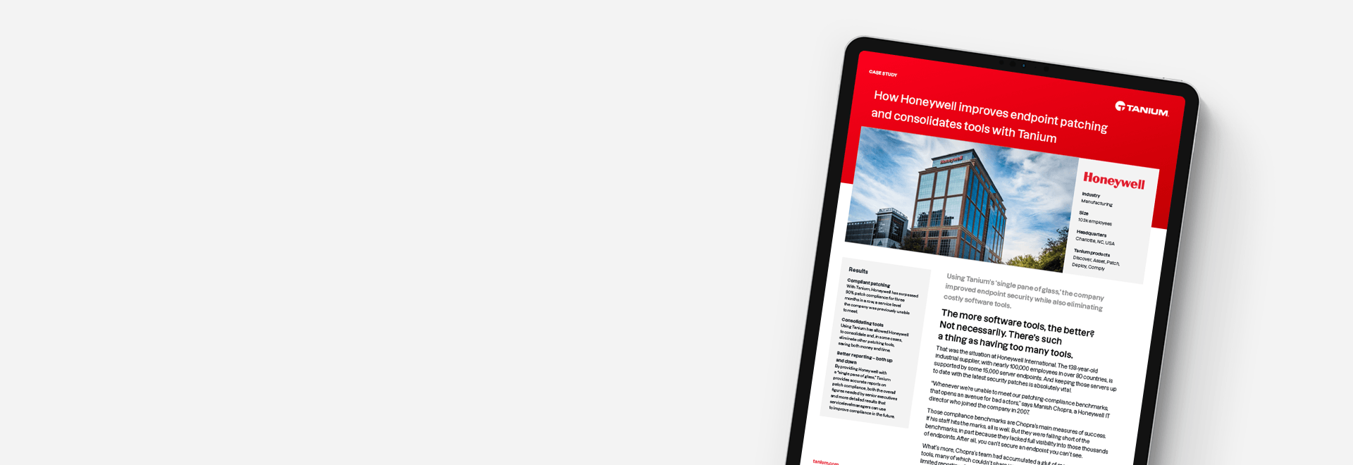 Étude de cas « Comment Honeywell automatise les correctifs de serveur avec ServiceNow + Tanium » avec Building et logo Honeywell