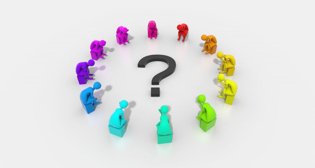 3D illustration de personnages colorés disposés autour d’un grand point d’interrogation