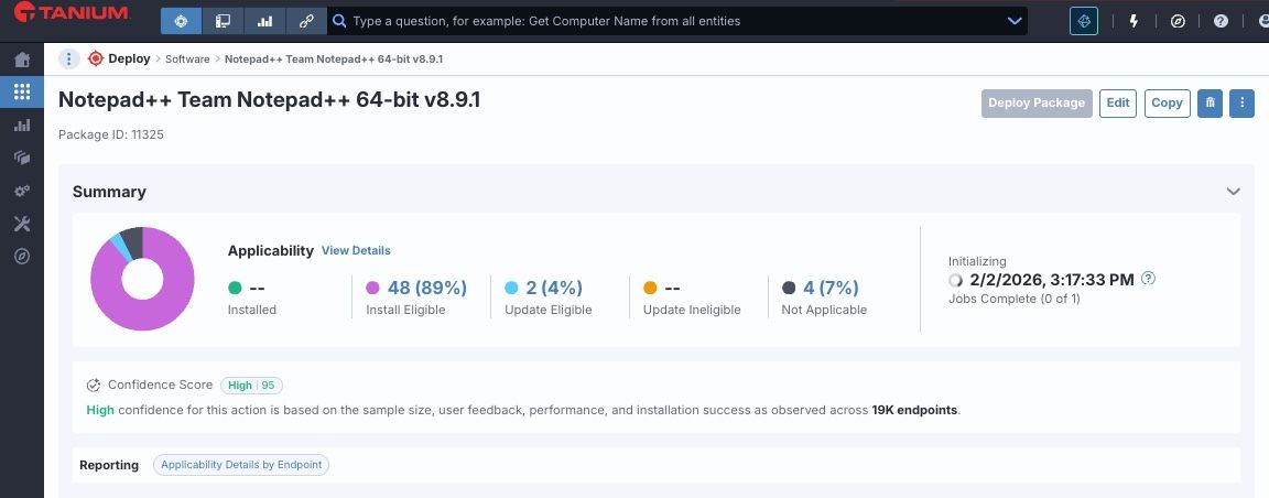 Capture d’écran de la galerie Deploy de Tanium, qui inclut du contenu pour la mise à niveau et la désinstallation de Notepad++