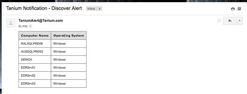 Notification par e-mail de Tanium Discover Alert montrant l’inventaire des ordinateurs Windows
