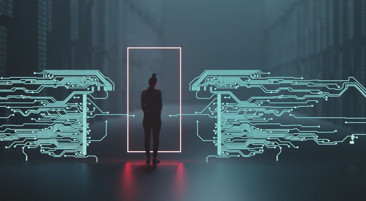 Illustration d’une personne debout dans l’entrée avec des chemins de carte de circuit imprimé