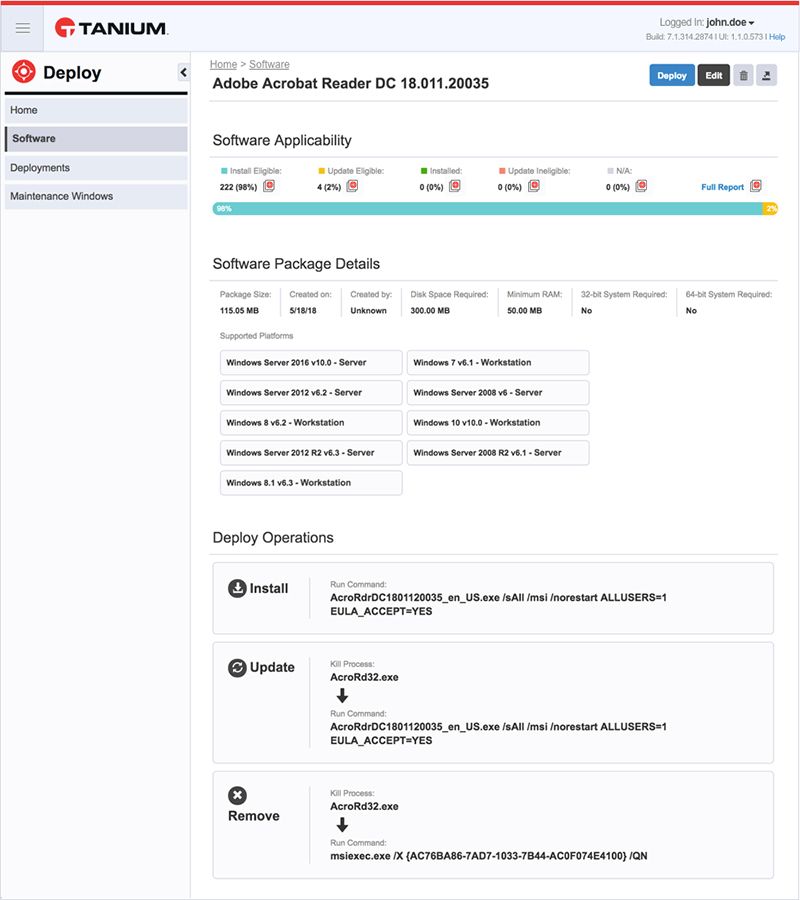 Capture d’écran de la page des détails du logiciel Adobe Acrobat Reader DC montrant l’applicabilité, les détails du package et les opérations de déploiement
