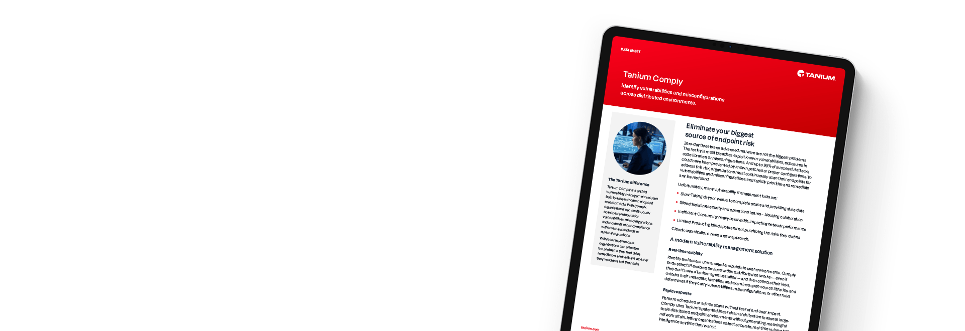 Tablette affichant la fiche technique Tanium Comply pour la gestion des vulnérabilités