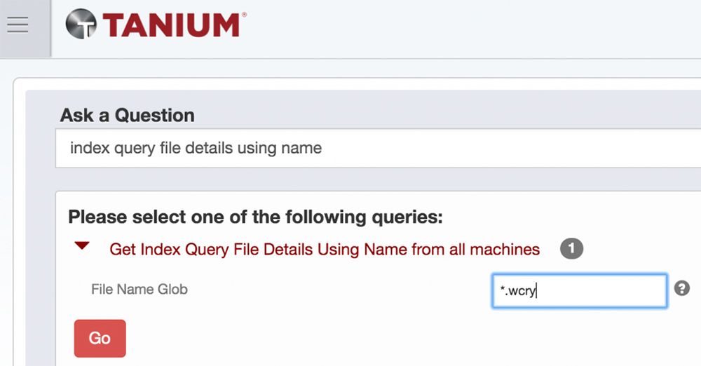 Interface de requête Tanium pour rechercher des fichiers sur des machines avec un modèle de nom de fichier spécifié