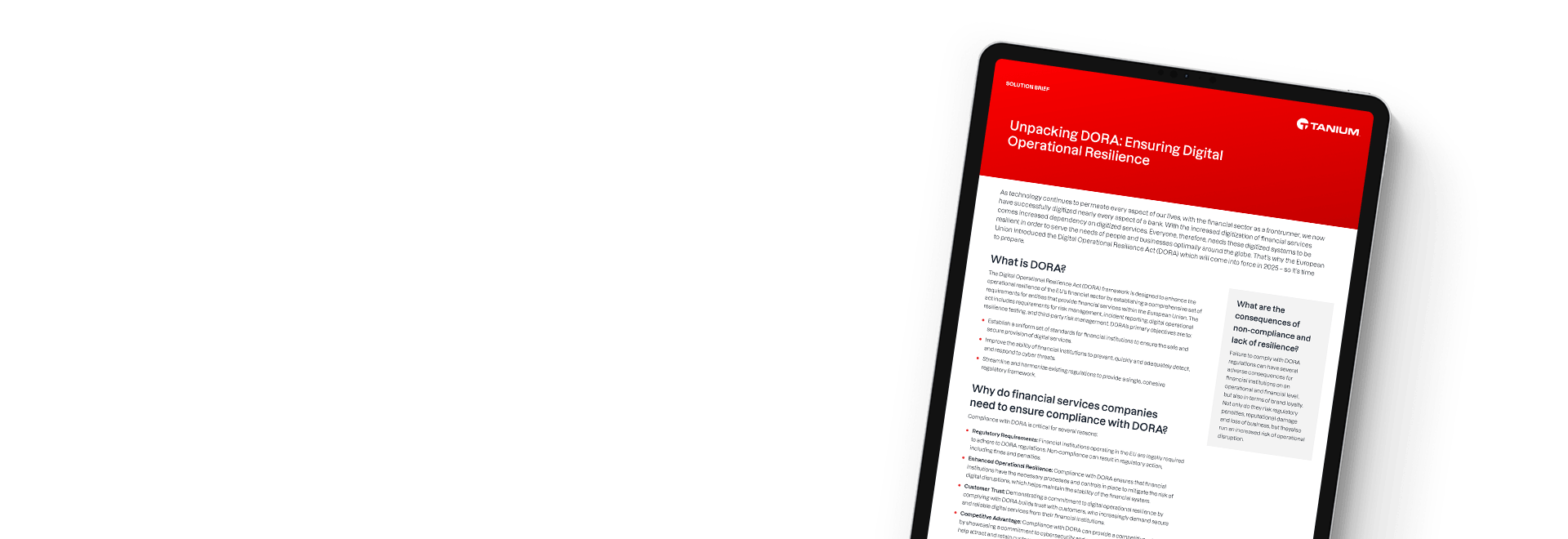Tablette montrant le résumé de la solution « Déballage de DORA : assurer la résilience opérationnelle numérique »
