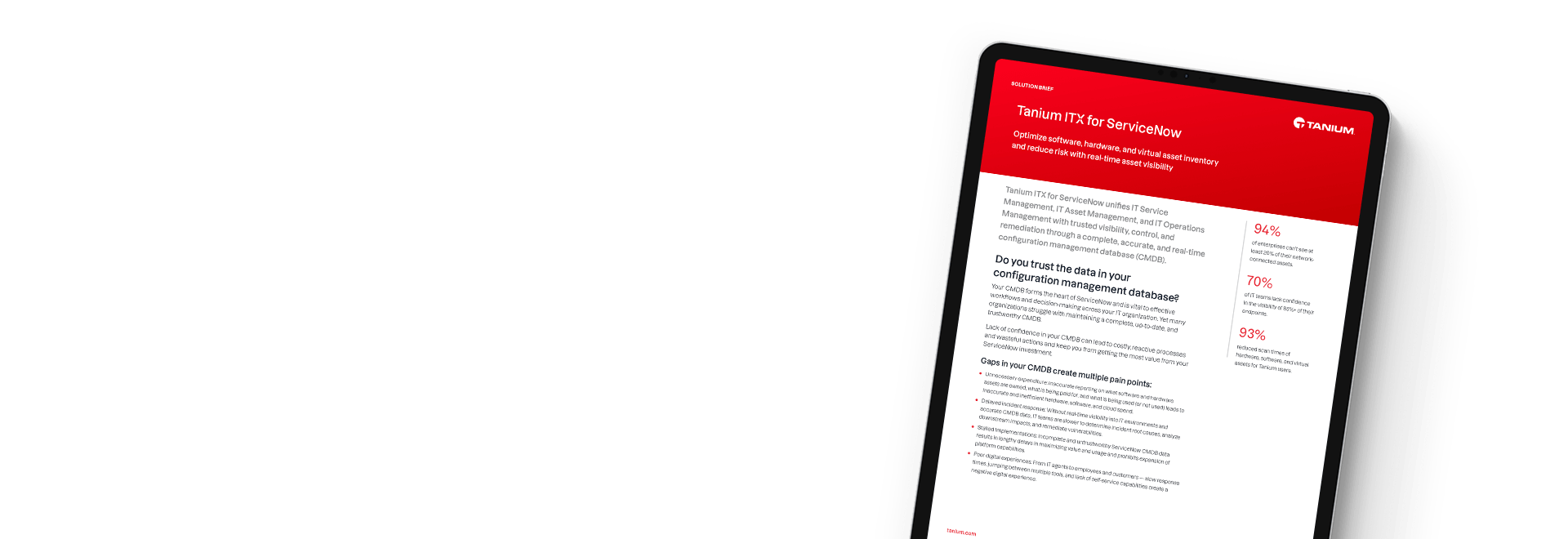 Tablette affichant Tanium ITX pour la solution ServiceNow avec aperçu de l’intégration