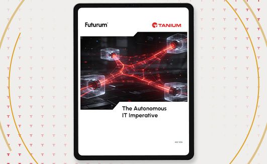 Tablette affichant la couverture du rapport « L’impératif informatique autonome » avec des graphiques rouges de connectivité réseau